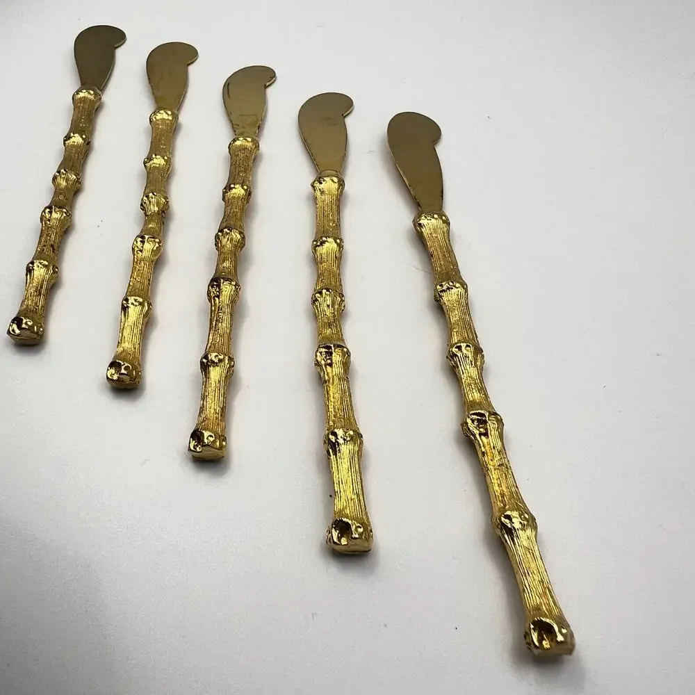 Vintage 5 Piece Set Gold Plated Bamboo Butter Knives Charcuterie Hors D'oeuvre